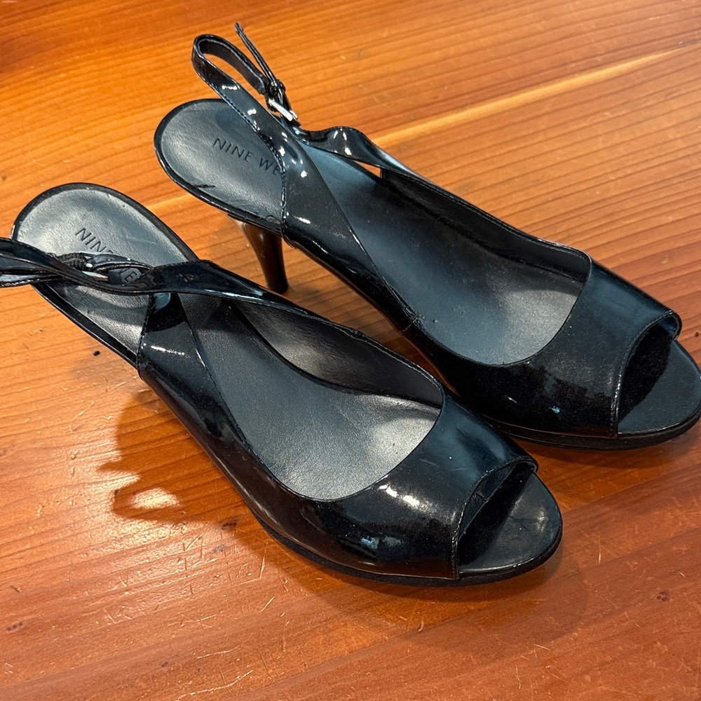 Nine West Black Patent Peep Toe Slingback Heels